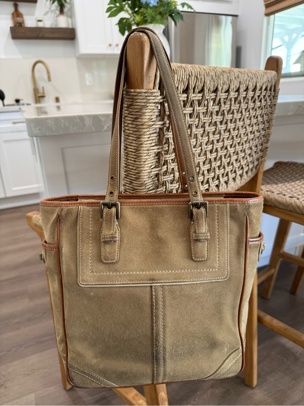Vintage Coach Y2K Tan Brown Suede Leather Trim Tote Shoulder Bag Purse #F10410 - Picture 6 of 17